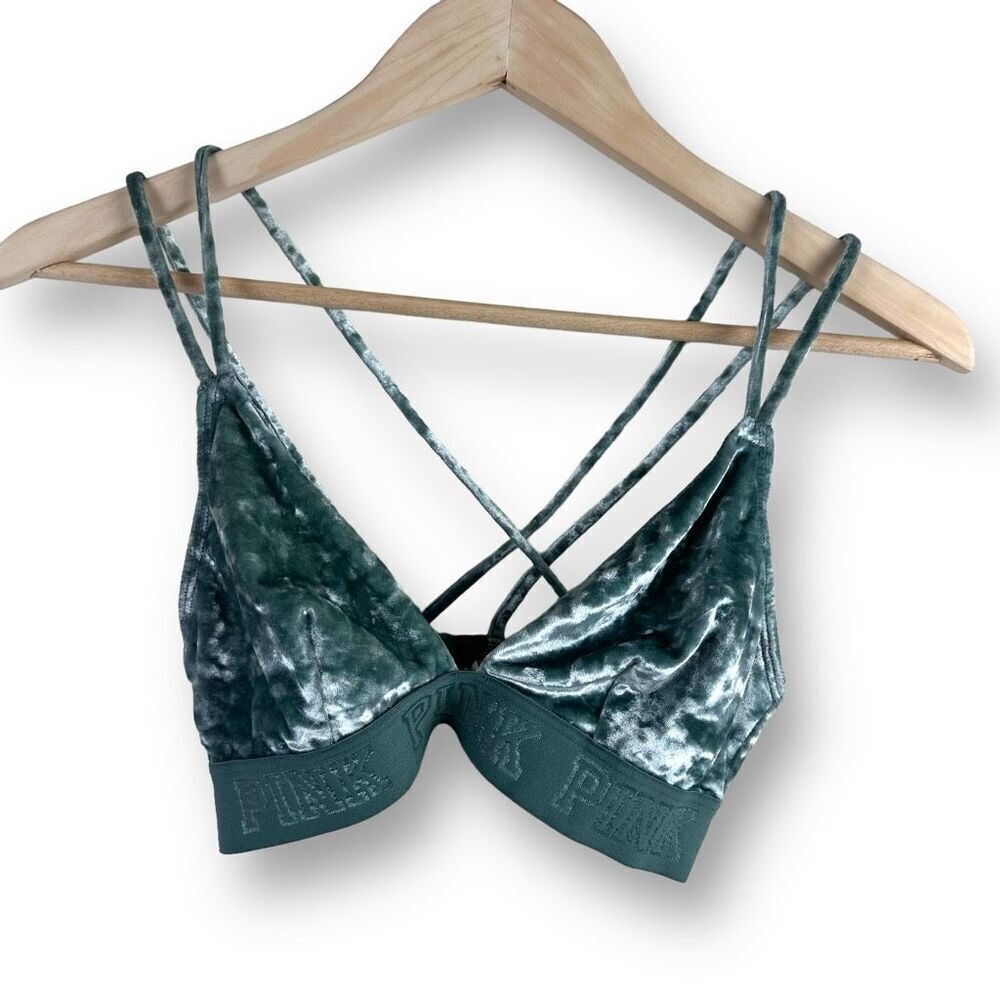 Victorias Secret Pink Women's S Strappy Back Crushed Velvet Bralette Green